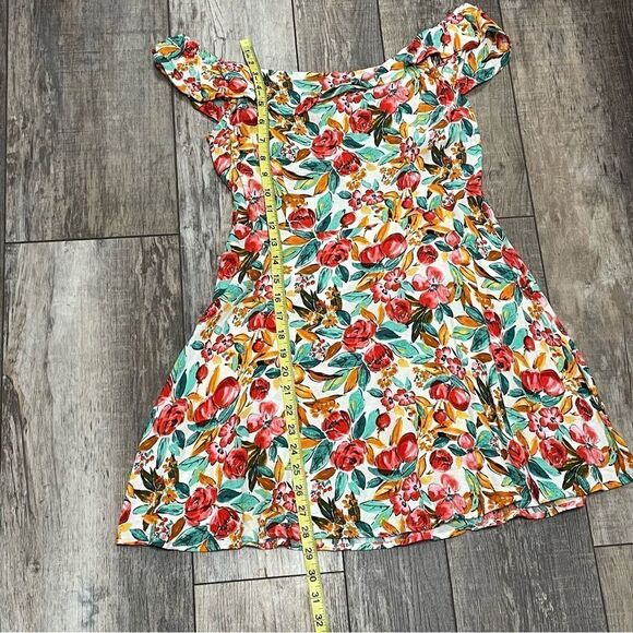 Forever 21 Watercolor Skater Floral Mini Dress Off Shoulder Green Red White L - Picture 13 of 13